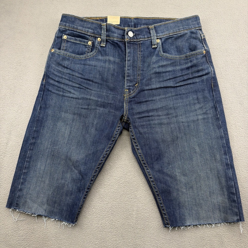 NWT Levis 512 Slim Fit Frayed Distressed Blue Denim Shorts Mens 34 12" Inseam